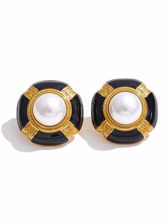 Jewelry - Vintage Black Enamel & Pearl Stud Earrings – PVD Gold Plated Stainless Steel